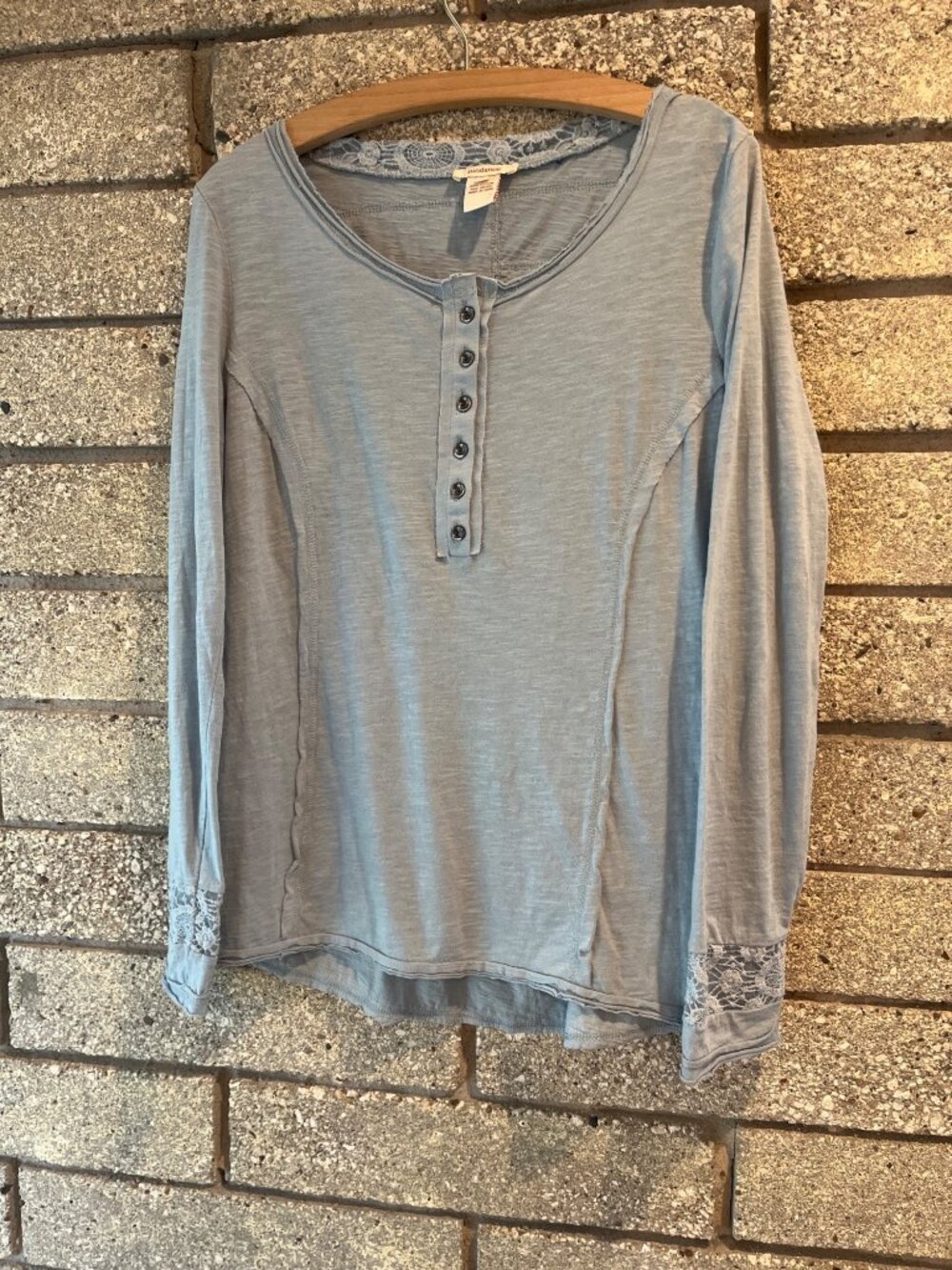 Sundance Blue Lace Trim Henley Long Sleeve Top Small 100% Cotton
